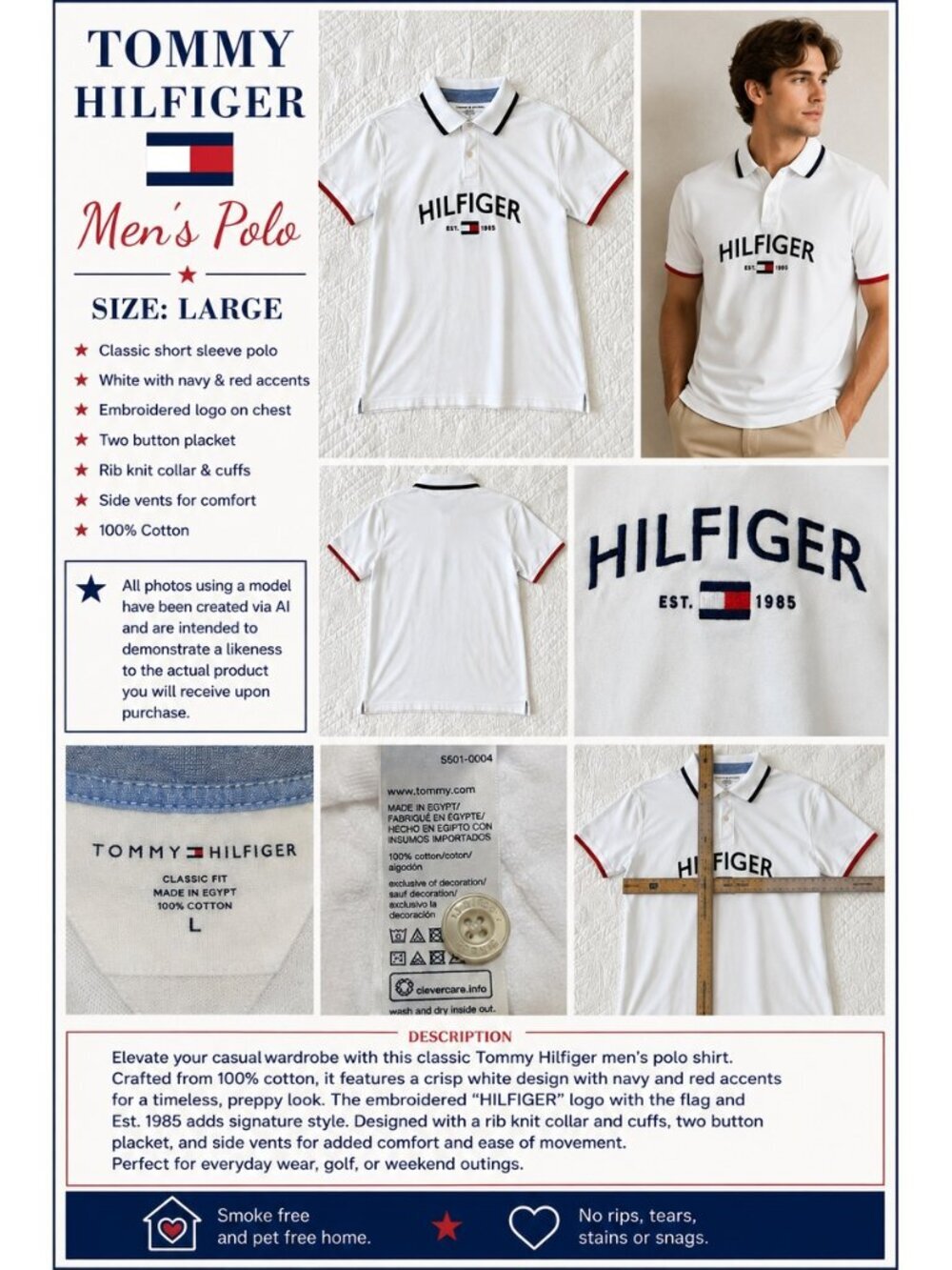 Tommy Hilfiger Men's White Logo Polo Shirt Size Large 100% Cotton Classic Fit
